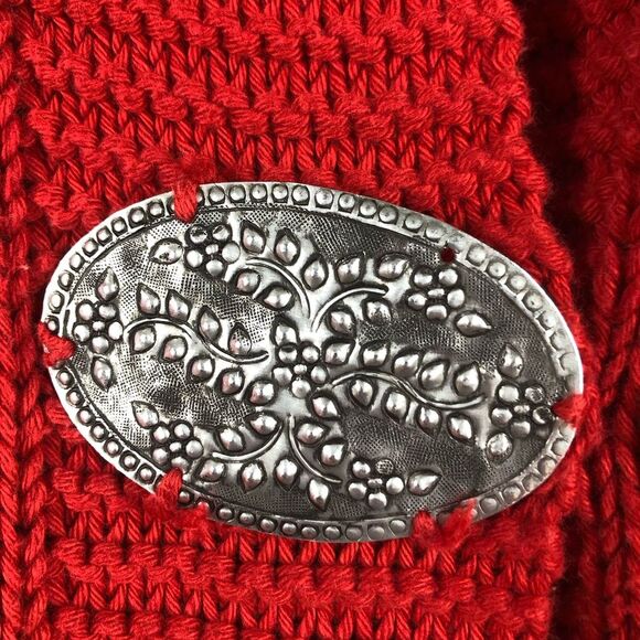 Pure Handknit Red Sweater Large Silver Medallion Button Details Size Small - Picture 3 of 6